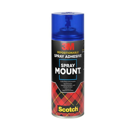 A 400 ml can of 3M™ Scotch® SprayMount™ Adhesive Spray from 3M Deutschland GmbH - perfect for crafts - comes in a package with a blue cap, black label, and the distinctive checkered design with the Scotch brand logo.