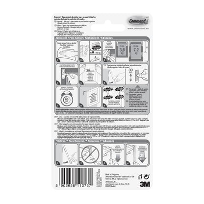Back of the 3M Deutschland GmbH Large Command™ Picture Hanging Strips L, 6 sets, shows application/removal steps in English, Spanish, and French with diagrams, weight limits, manufacturer information, and barcode at the bottom.