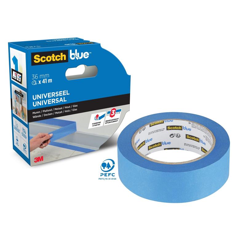 A roll of ScotchBlue™ Painter's Tape "Multi-Surface" by 3M Deutschland GmbH is depicted in blue-black packaging with the 3M logo, a tape width of 36 mm, and a note on suitability for multiple surfaces.