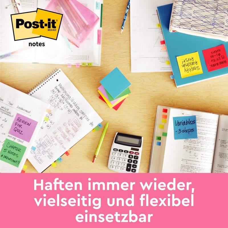A desk with open notebooks, a calculator, pens, and colorful Post-it® Notes (63.5 mm x 76 mm, 100 sheets/block, 100% PEFC) from 3M Deutschland GmbH; German text: "Stick again and again, versatile and flexibly usable."