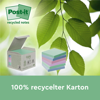 A box of 3M Post-it® Super Sticky 100% Recycled Notes (47.6 mm x 47.6 mm, 70 sheets/block, PEFC) is depicted with pastel-colored notes on green sheets, highlighting the recycled material with the text "100% recycled cardboard".