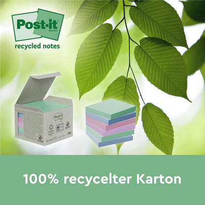 A box of pastel-colored Post-it® Super Sticky 100% Recycling Notes (76 x 76 mm, 70 sheets/block, 100% PEFC) from 3M Deutschland GmbH appears next to a stack of notes and green leaves with the text "100% recycled cardboard".