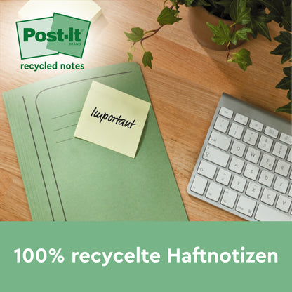 Ein grüner Ordner mit einer Post-it® Recycling Notiz mit der Aufschrift "wichtig" steht neben einer weißen Tastatur und einer Pflanze. Der Zettel ist 76x76 mm groß, 100 Blatt/Block, hergestellt aus 100% PEFC-zertifiziertem Papier der 3M Deutschland GmbH.