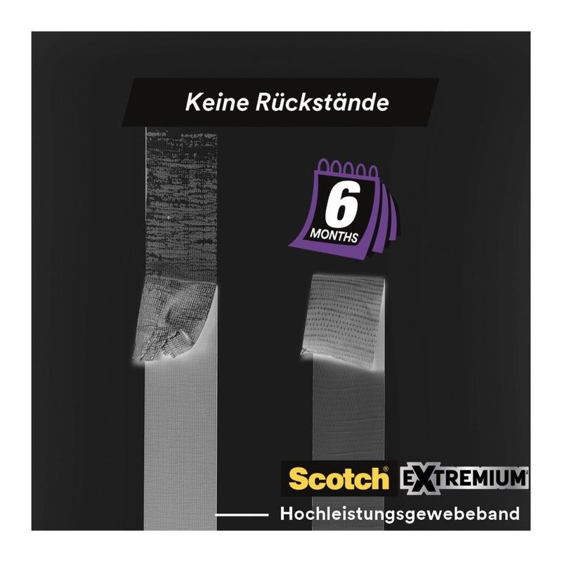 Two strips of Scotch® Extremium™ No Residue High Performance Duct Tape (18.2 m x 48 mm) on a dark background show whether there are any residues after 6 months or not. Text: "No Residue". Below: 3M logo and product name.