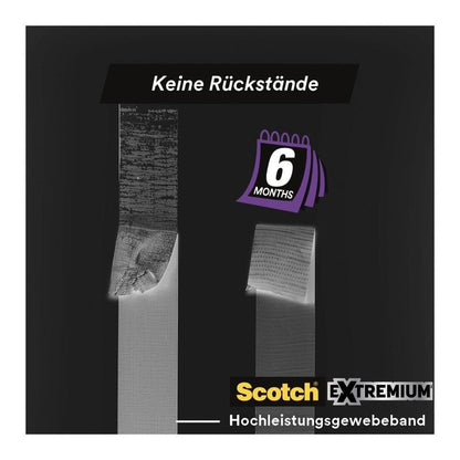 Two strips of Scotch® Extremium™ No Residue High Performance Duct Tape (18.2 m x 48 mm) on a dark background show whether there are any residues after 6 months or not. Text: "No Residue". Below: 3M logo and product name.