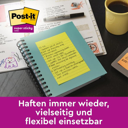 On the desk lies a Post-it® Super Sticky Meeting Notes pad in neon colors (203 mm x 152 mm, 45 sheets/block, 4 blocks/pack), ideal for flexible task lists. German: "Stick again and again, versatile and flexible to use." Brand: 3M Deutschland GmbH.