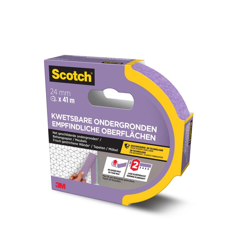A 24 mm x 41 m roll of Scotch® painter's masking tape for delicate surfaces (3M Deutschland GmbH), in purple PEFC-certified packaging with Dutch, German, and French text, with gentle adhesion and the 3M logo.