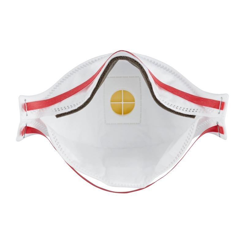 A close-up of the 3M™ Aura™ Comfort Cool Flow™ Particulate Respirator 9332+ FFP3 from 3M Germany GmbH, showing the white design, the yellow central exhalation valve, and the red elastic headbands on both sides.