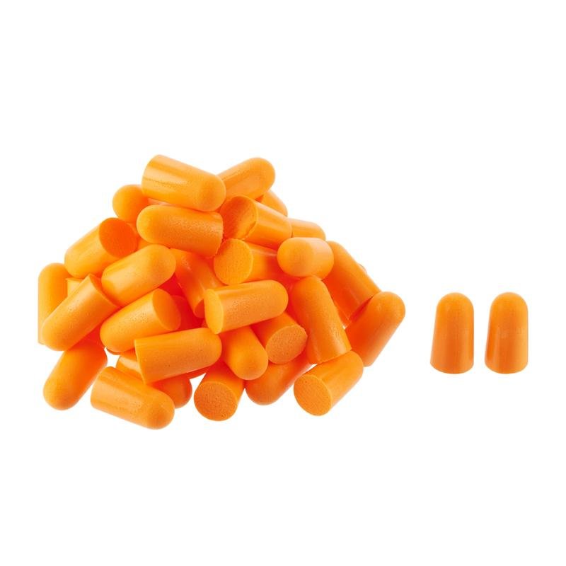 A stack of 3M™ Earplugs 1100, soft foam, SNR 35 dB, orange from 3M Deutschland GmbH is depicted on a white background, with two earplugs upright on the right.