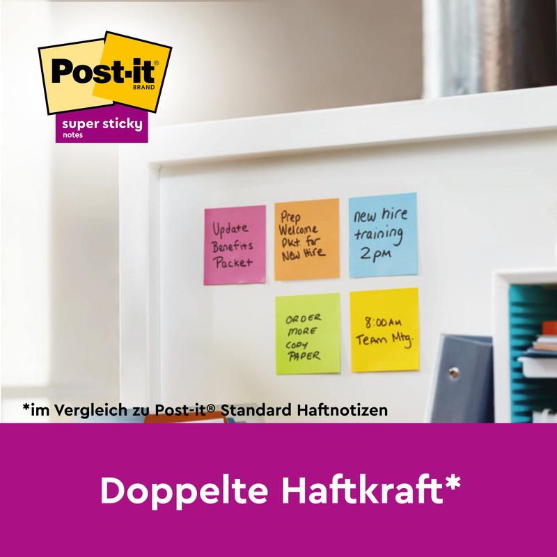 A set of 3M Deutschland GmbH Post-it® Super Sticky Notes in large format, lined, 101 x 101 mm, 45 sheets/block (100% PEFC) with handwritten notes appears on a whiteboard. Below is the purple "Double Sticking Power*" banner, top left the logo.