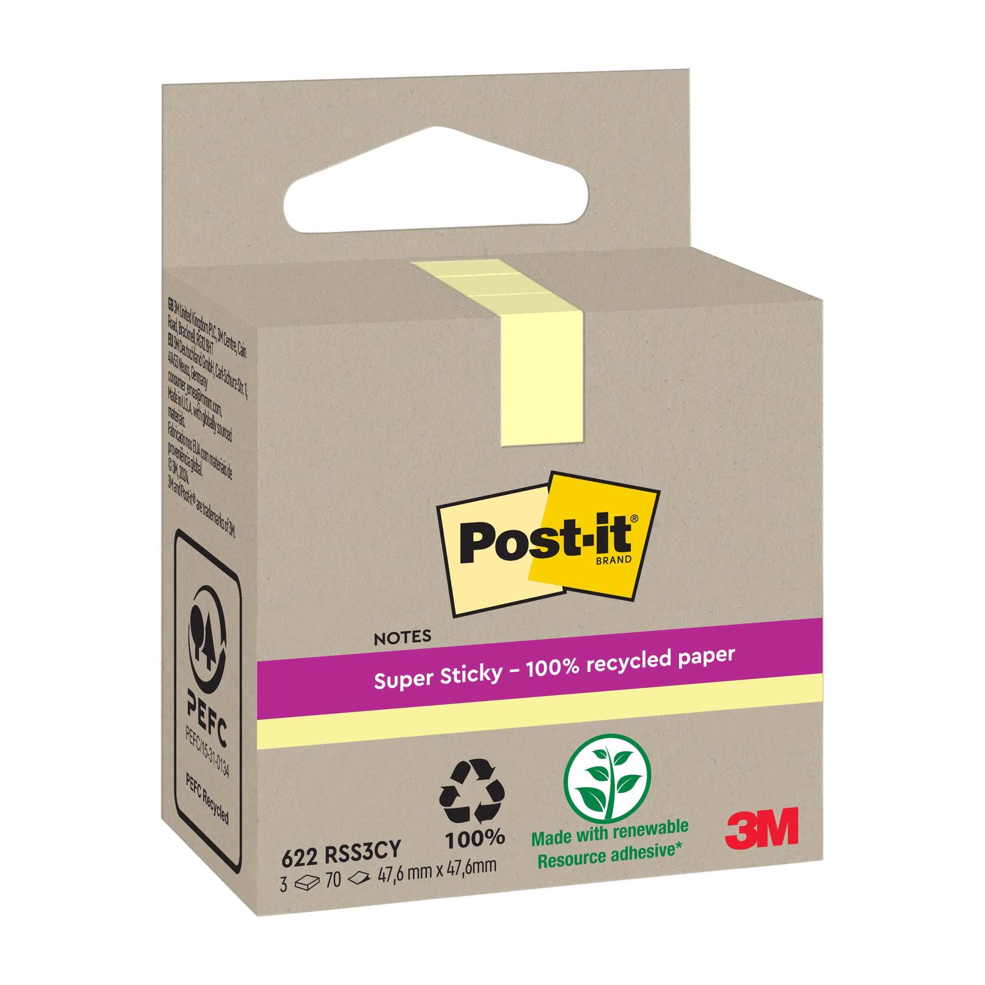 Eine beigefarbene Schachtel Post-it® Super Sticky 100% Recycling Notes (47,6 x 47,6 mm, 70 Blatt/Block, PEFC) von 3M Deutschland GmbH ist mit umweltfreundlichen Symbolen und "100% recyceltes Papier"-perfekten umweltfreundlichen Haftnotizen versehen.