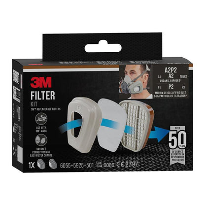 The 3M™ Filter Set 6002-1, A2P2 organic vapors (2x6055, 2x5925, 2x501) | Package (1 piece) from 3M Deutschland GmbH protects against organic vapors and fine dust; compatible with 3M masks and built on decades of experience.