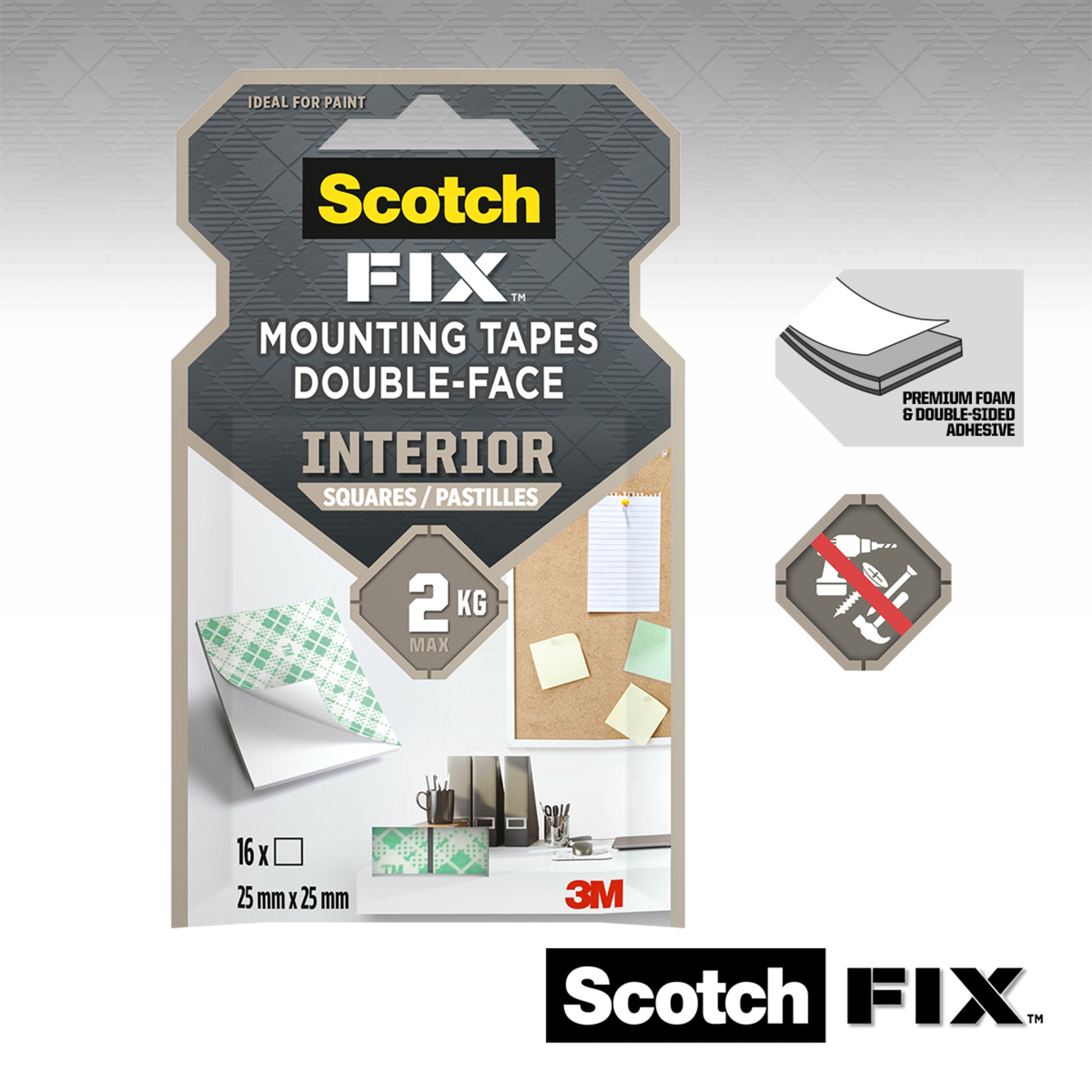 Eine Packung 3M Scotch-FIX™ Doppelseitige Innenmontagequadrate 4496-ST16-P von 3M Deutschland GmbH enthält 16 doppelseitige Schaumstoffquadrate (25 mm x 25 mm) für den Innenbereich, die jeweils bis zu 2 kg halten. Hochwertiger Klebstoff sorgt für eine starke Befestigung.