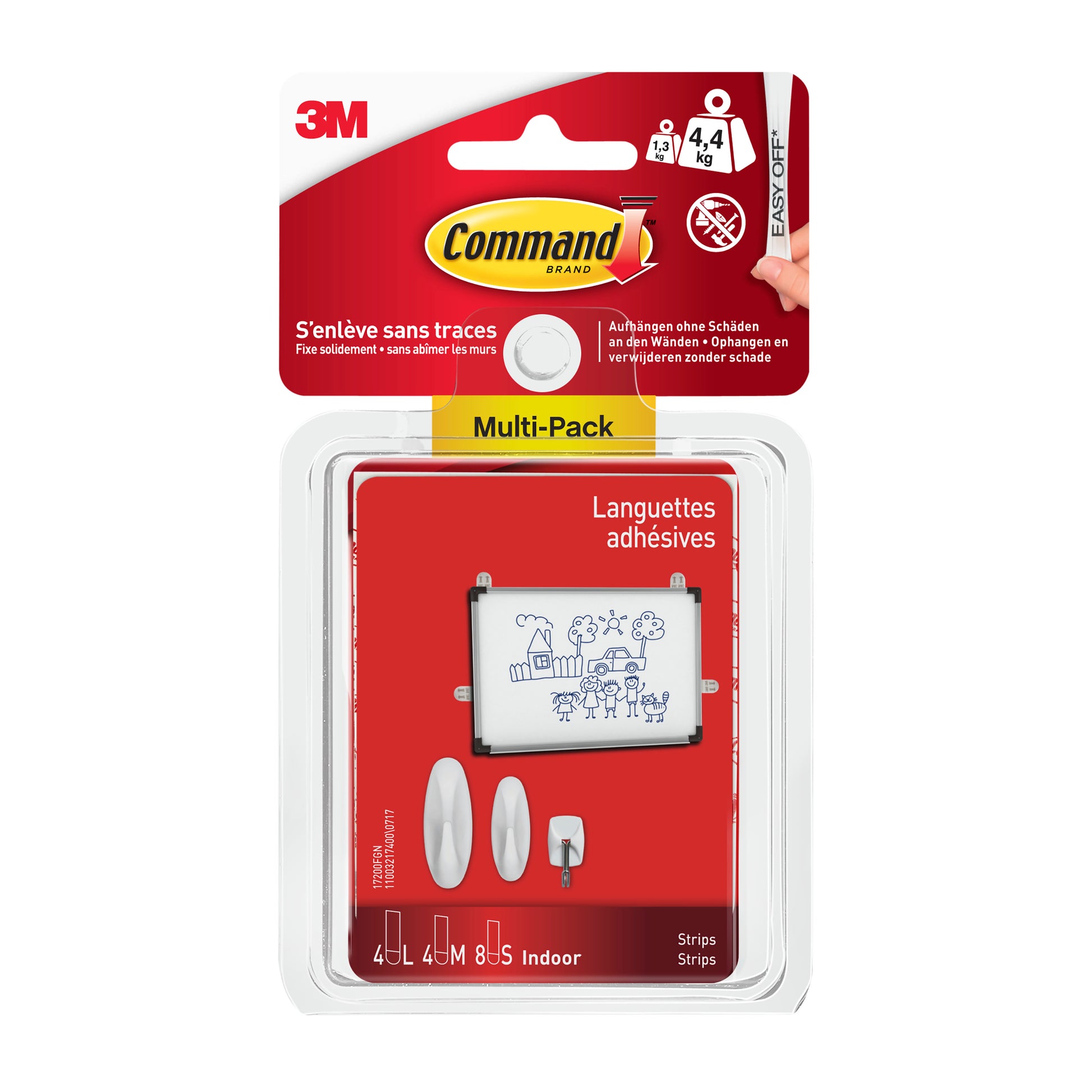 Multipack Command™ Strips, 17200 von 3M Deutschland GmbH: eine Packung Klebestreifen und Haken für den Innenbereich (1 Stück) mit Produktabbildungen. Trägt bis zu 4,4 kg.