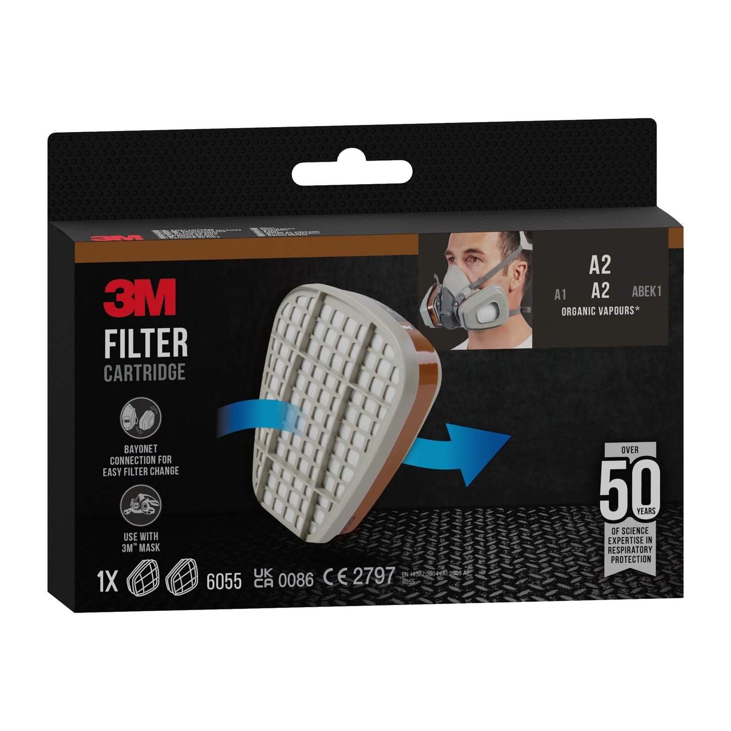 3M™ Filterpatrone 6055, A2 Organische Dämpfe von 3M Deutschland GmbH ist in einer Verpackung mit einer einzelnen Patrone, einem Benutzer mit Atemschutzmaske, Produktspezifikationen und Kompatibilitätsinformationen für organische Dämpfe abgebildet; mit der Kennzeichnung A2 für die Verwendung mit 3M-Masken.