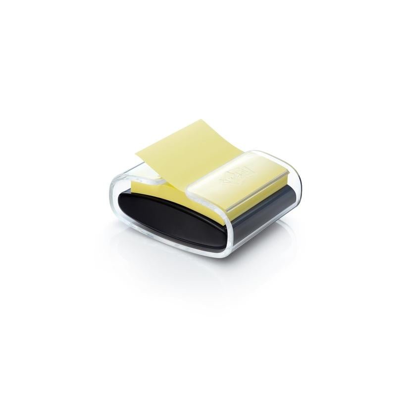 The 3M Post-it® Z-Notes Dispenser PRO in black holds a stack of yellow, super sticky notes in size 76 x 76 mm (90 sheets/block) and dispenses a note in front of a white background.