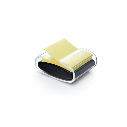 The 3M Post-it® Z-Notes Dispenser PRO in black holds a stack of yellow, super sticky notes in size 76 x 76 mm (90 sheets/block) and dispenses a note in front of a white background.