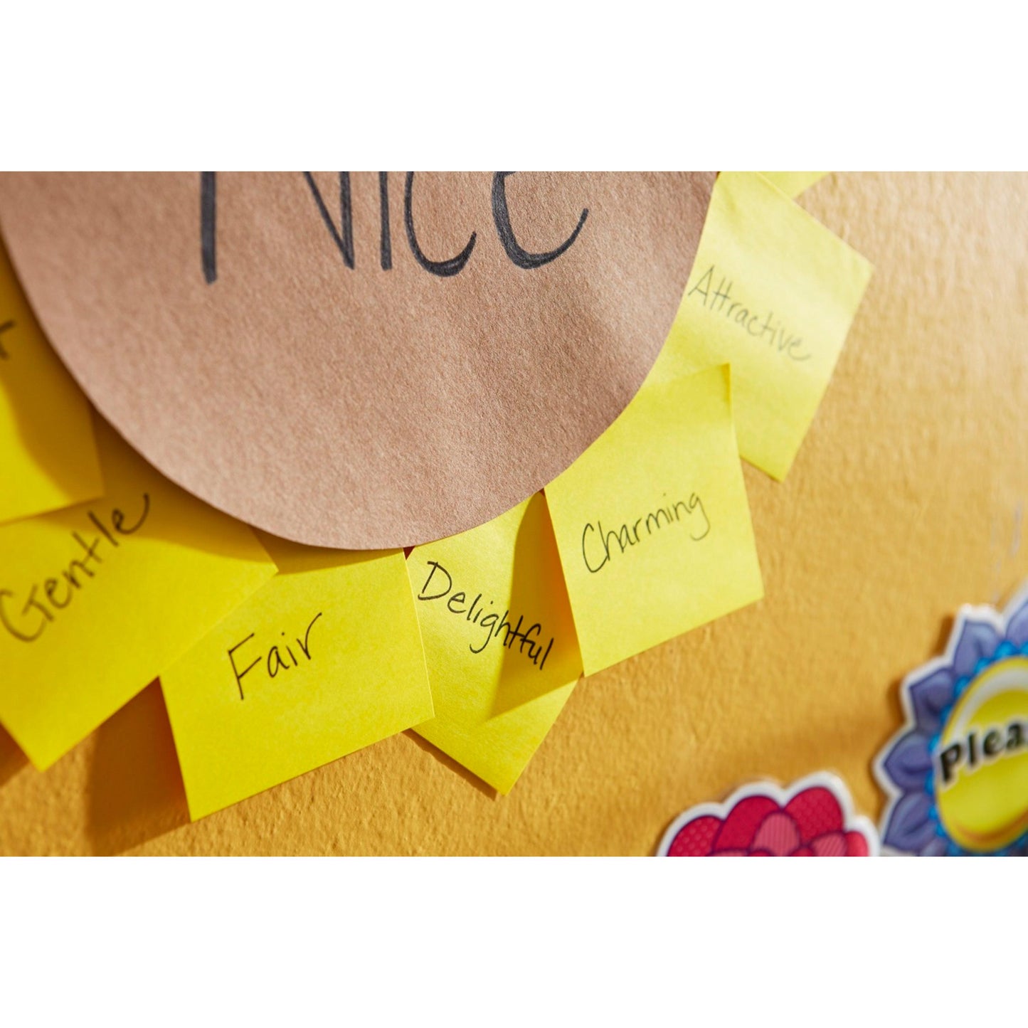 A brown paper circle with the inscription "Nice" is surrounded by 3M Germany GmbH Post-it® Notes Cube 636-B, Yellow, 76 mm x 76 mm, with words like "Fair" and "Delightful", attached to a yellow wall with colorful stickers and self-adhesive notes.