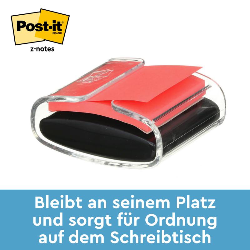 A black Post-it® Z-Notes Dispenser from 3M Deutschland GmbH with yellow Super Sticky Z-Notes (76x76 mm, 90 sheets) is depicted on a white background. The German text reads: "Stays in place and keeps the desk organized."