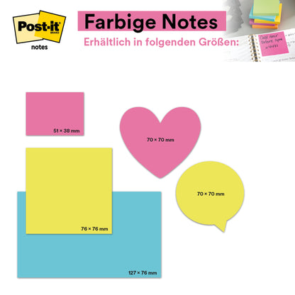 An image shows colorful 3M Deutschland GmbH Post-it® sticky notes (76 mm x 127 mm, 100 sheets/block, 100% PEFC) in various shapes and sizes: yellow square, pink heart, yellow speech bubble, blue rectangle, small yellow square; details in German.