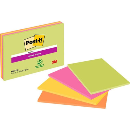 A pack of 3M Post-it® Super Sticky Meeting Notes, 4 pads in various neon colors (203 mm x 152 mm, 45 sheets each), is displayed in a fan shape. The packaging shows the PEFC label and logo; Product: SGSCH-PEFC-COC-110078.
