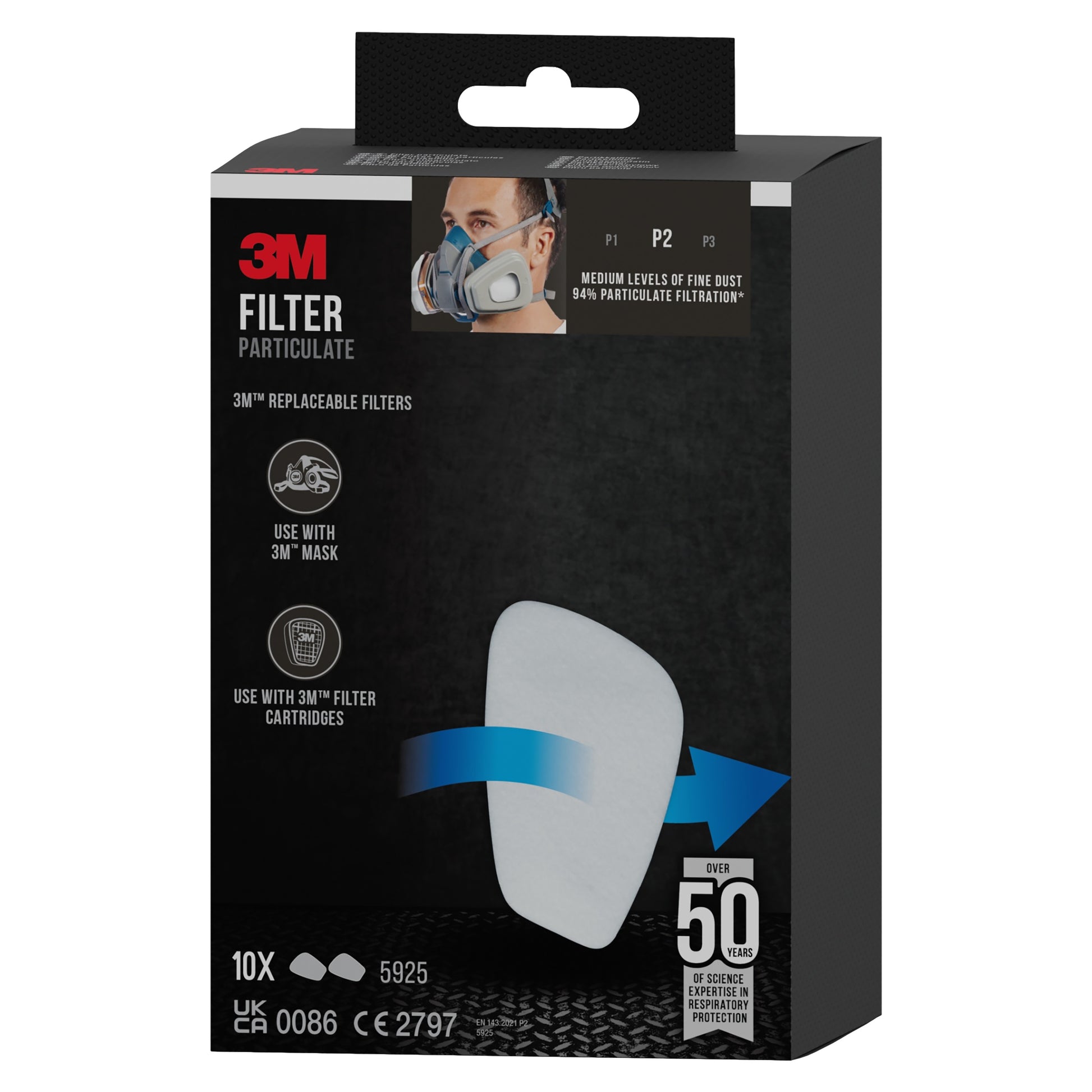 Eine Schachtel 3M™ Partikelfilter 5925, P2, 10 Paar/Packung der 3M Deutschland GmbH zeigt weiße Filter zur Verwendung mit 3M Masken und Kartuschen, die für über 50 Anwendungen ausgelegt sind, mit Symbolen und Text auf schwarzem Hintergrund.