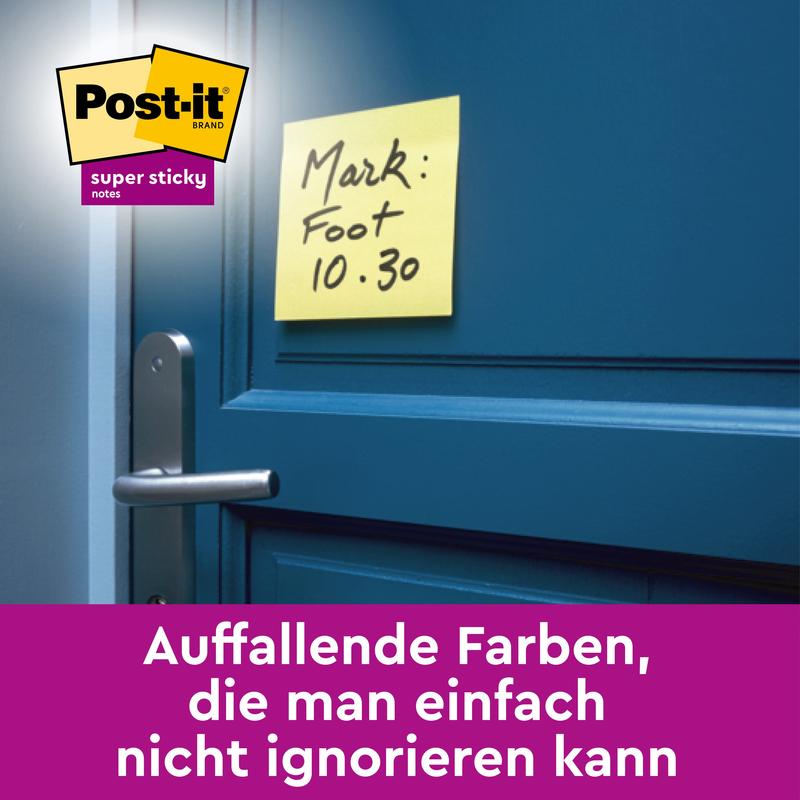 A 3M Deutschland GmbH Post-it® Super Sticky Z-Notes, Yellow (76 x 127 mm), with the handwritten note "Mark: Foot 10.30", sticks to a blue door handle; top left is the Post-it logo, below German text on a purple background.