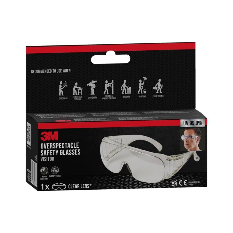 A box of 3M™ Visitor Overglasses, clear lens from 3M Deutschland GmbH. The packaging shows clear safety glasses, application tips for gardening/painting, a photo of a wearer, and highlights the 99.9% UV protection.