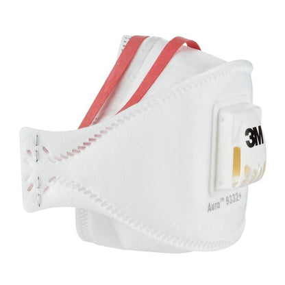 A side view of the 3M™ Aura™ Comfort Cool Flow™ Particulate Respirator 9332+ (FFP3, with valve) from 3M Germany GmbH is depicted against a plain background with white material, red bands, and a valve.