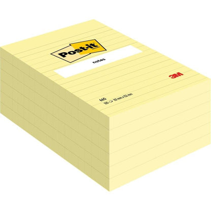 A large stack of Post-it® Notes in large format, Yellow (101 x 152 mm) from 3M Deutschland GmbH, with a white label on top and the 3M logo in the lower right corner. The package contains 600 yellow sheets.