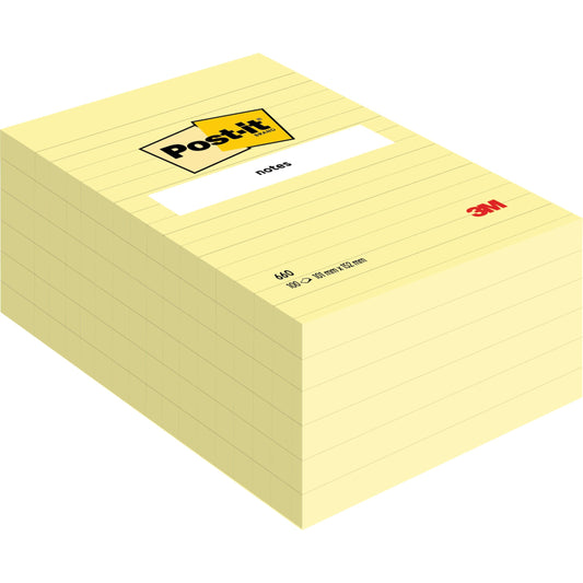 Ein großer Stapel Post-it® Notes im Großformat, Gelb (101 x 152 mm) von 3M Deutschland GmbH, mit einem weißen Etikett oben und dem 3M Logo in der rechten unteren Ecke. Die Packung enthält 600 gelbe Blätter.