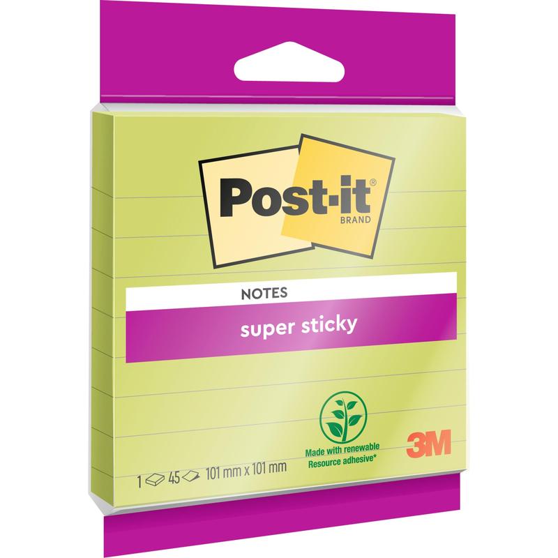 A pack of Post-it® Super Sticky Notes in large format, lined, 101 mm x 101 mm, 45 sheets/block, 100% PEFC from 3M Deutschland GmbH.