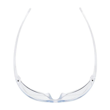 A pair of 3M™ Virtua™ Safety Glasses AP, clear lens from 3M Deutschland GmbH is pictured from above on a white background, with curved arms and transparent lenses for optimal eye protection.
