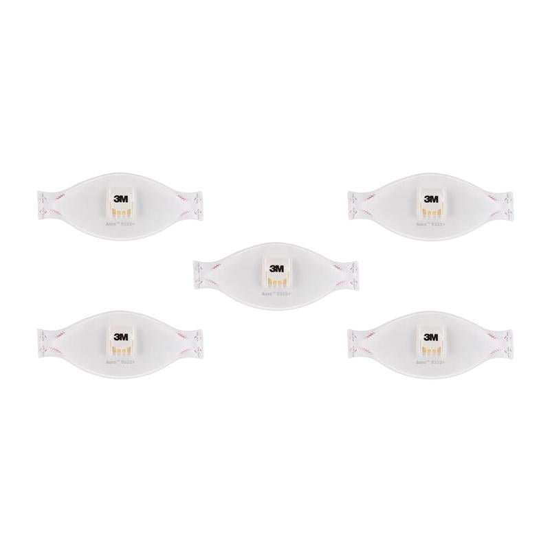Five 3M™ Aura™ Comfort Cool Flow™ Particulate Respirators 9332+, FFP3, with valve from 3M Deutschland GmbH are arranged in two rows on a white background, each showing a central valve.
