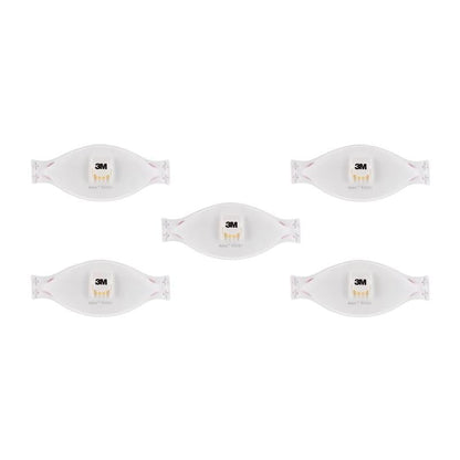 Five 3M™ Aura™ Comfort Cool Flow™ Particulate Respirators 9332+, FFP3, with valve from 3M Deutschland GmbH are arranged in two rows on a white background, each showing a central valve.