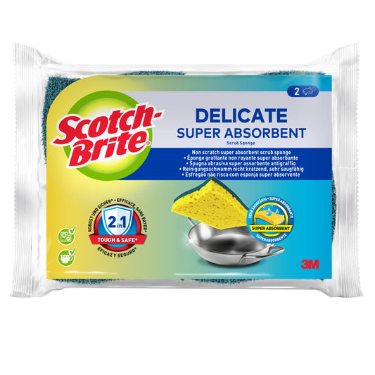 Eine Packung Scotch-Brite® Delicate nicht kratzender Naturfaser-Reinigungsschwamm von 3M Deutschland GmbH (2 Stück) mit einem gelben Schwamm, der eine Metallschüssel reinigt, und der Hervorhebung "2 in 1", "hart & sicher" und "super saugfähig".