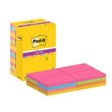 Eine gelbe Post-it® Super Sticky Notes Box von 3M Deutschland GmbH mit 16 Stapeln (76 x 127 mm, 90 Blatt/Block) in pink, grün, orange und blau, starke Klebefläche, PEFC-zertifiziert.