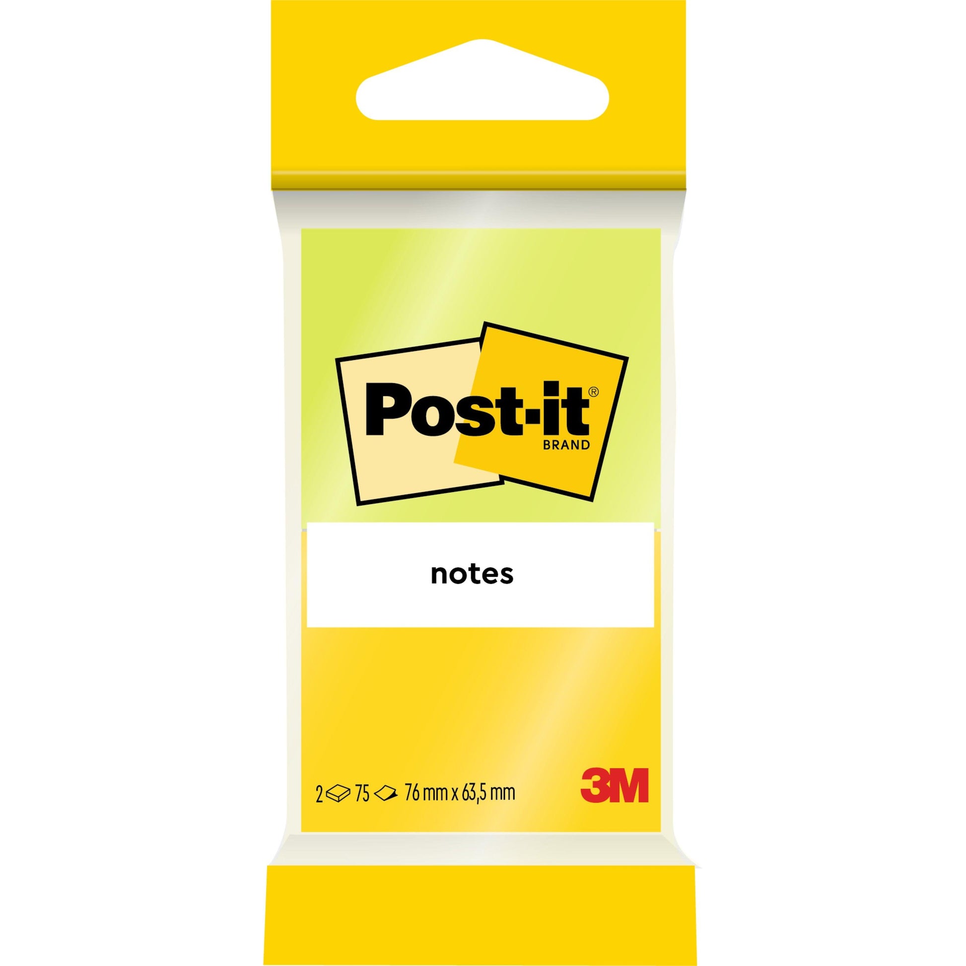 Abgebildet ist eine gelb-grüne Packung Post-it® Notes, Joyful Collection (76 mm x 63,5 mm), von 3M Deutschland GmbH. Die Vorderseite zeigt das Logo, den Produktnamen, die Größe und enthält 2 Blöcke zu je 75 Blatt mit 100% PEFC-Zertifizierung.