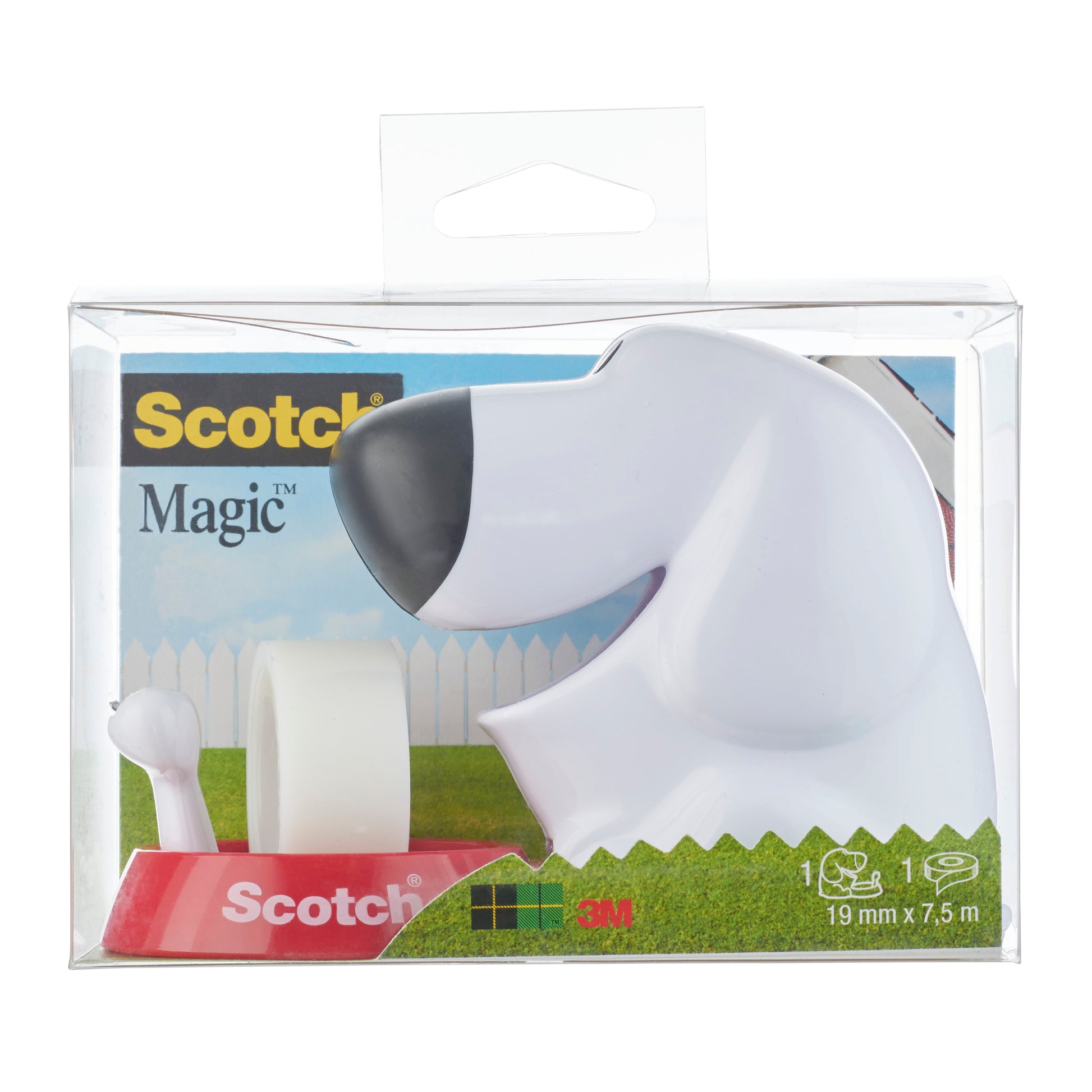 Der Scotch™ Tischabroller im Hunde Design C31 mit Scotch® Magic™ Klebeband (19 mm x 8,89 m, 1 Rolle) von 3M Deutschland GmbH wird in einer transparenten Box mit sichtbarem 3M Logo und Produktangaben geliefert.