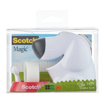 Der Scotch™ Tischabroller im Hunde Design C31 mit Scotch® Magic™ unsichtbarem Klebeband (19 mm x 8,89 m, 1 Rolle/Packung) von 3M Deutschland GmbH ist ideal für Bürobedarf und kommt in einer Box mit Markenlogo und Produktinfos.