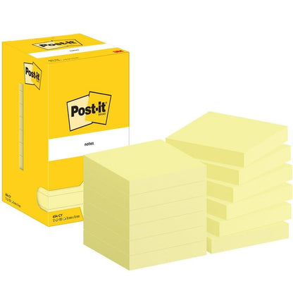 A yellow Post-it® Notes box from 3M Deutschland GmbH stands next to twelve stacks of yellow sticky notes (76x76mm, 100 sheets/block) in cardboard packaging (100% PEFC). Everything is neatly arranged on a white background.