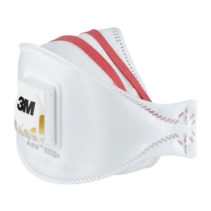 The 3M™ Aura™ Comfort Cool Flow™ Particulate Respirator 9332+, FFP3, with valve from 3M Deutschland GmbH is a white respirator with two red elastic bands and a yellow valve, depicted on a solid background.