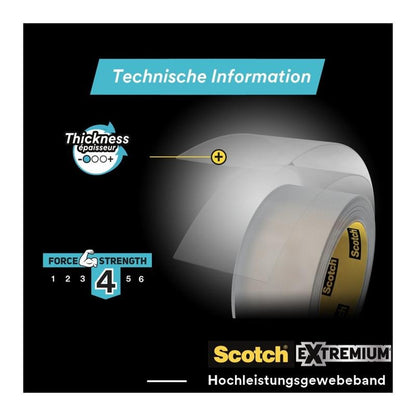Pictured is a roll of Scotch® Extremium™ INVISIBLE High-Performance Tape (20 m x 48 mm, 1 roll) from 3M Deutschland GmbH with a diagram highlighting the thickness (4/6) and "Technical Information" at the top edge.