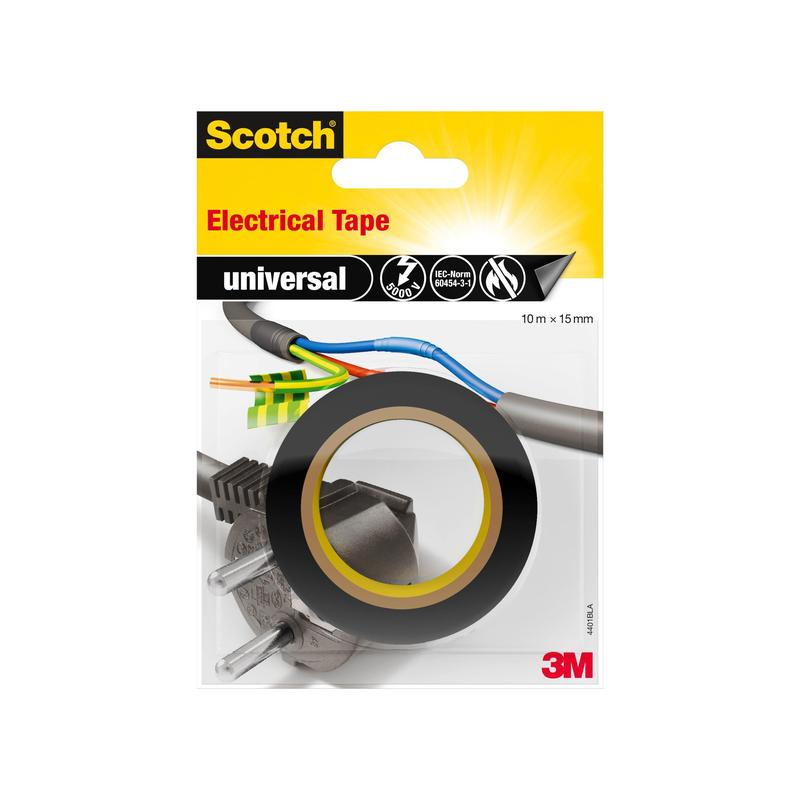 A pack of Scotch® universal insulating tape (10 m x 15 mm, 1 roll) from 3M Deutschland GmbH, with a black roll of tape, colored wires, a plug, and the label "universal." The 3M logo appears at the bottom right.