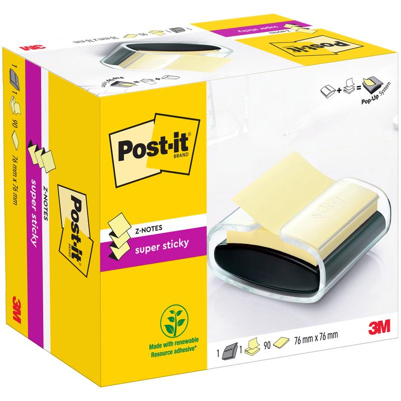 A black Post-it® Z-Notes Dispenser (PRO) with 90 yellow Super Sticky Z-Notes (76 mm x 76 mm) from 3M Deutschland GmbH.