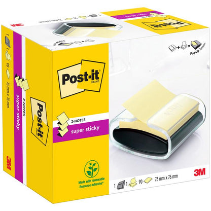A black Post-it® Z-Notes Dispenser (PRO) with 90 yellow Super Sticky Z-Notes (76 mm x 76 mm) from 3M Deutschland GmbH.