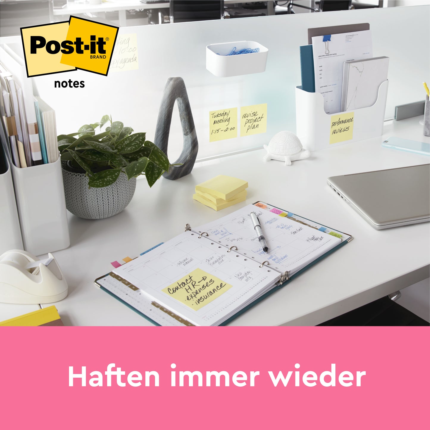 A tidy office desk with 3M Deutschland GmbH office supplies, a plant, an open planner, Post-it® Notes Yellow (101 mm x 101 mm, 200 sheets) on a frosted plate, and a laptop. Below it says "Sticks again and again" on a pink ribbon.