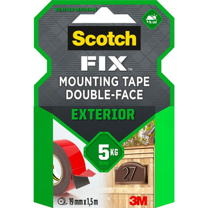 The packaging of the Scotch-FIX™ Double-Sided Outdoor Mounting Tape 5412-1915-P (19 mm x 1.5 m, 1 roll) from 3M Deutschland GmbH highlights its weather-resistant properties and 5 kg load capacity, with a photo showing a house number sign.