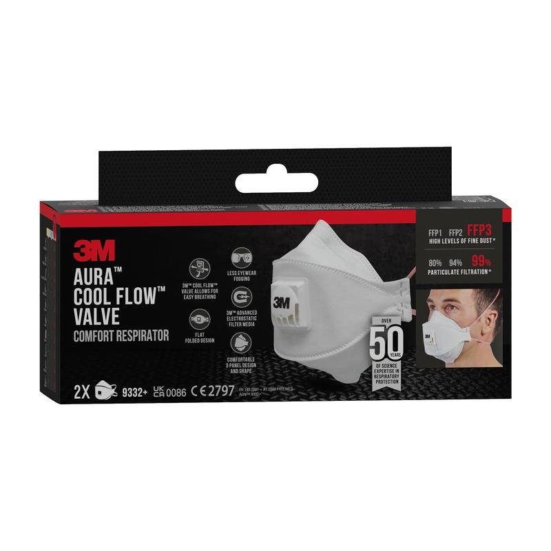 Depicted is a box of the 3M™ Aura™ Comfort Cool Flow™ Particulate Respirator 9332+, FFP3, with valve from 3M Deutschland GmbH with an image of the white mask and the wearer. The box contains 2 masks and highlights filtration efficiency and comfort.