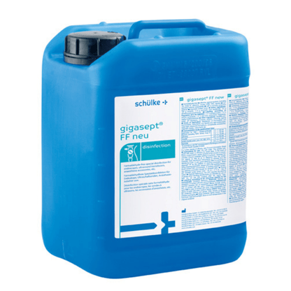 A blue plastic canister labeled "Schülke gigasept® instru FF instrument disinfectant" from Schülke & Mayr GmbH, with disinfectant and a detailed white-blue label including instructions for use.